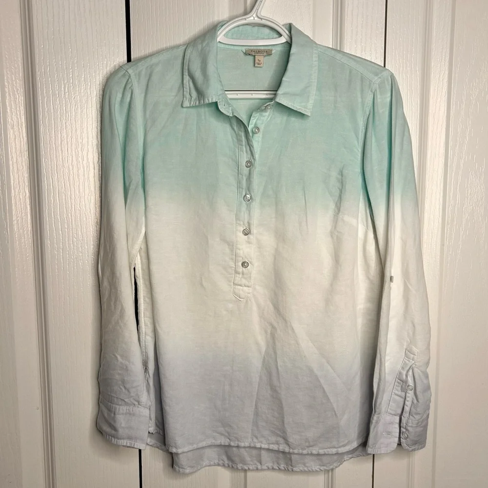 Talbots‎ Petite Linen Blue White Ombre Pullover Coastal Collared Preppy Shirt SP - Picture 2 of 7